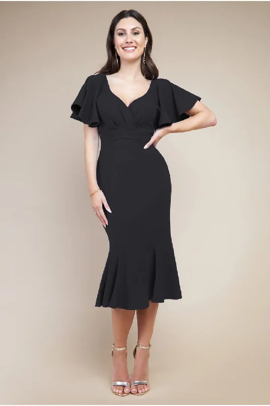 Midi dresses with lace - up fronts for a unique and adjustable styleGoddiva Flared Sleeve Front Wrap Midi Dress - Black