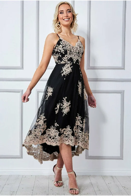 Midi dresses with V - necklines for a flattering and elongating effectGoddiva High Low Scalloped Midi Dress - Black Midi dresses with V - necklines for a flattering and elongating effectGoddiva High Low Scalloped Midi Dress - Black