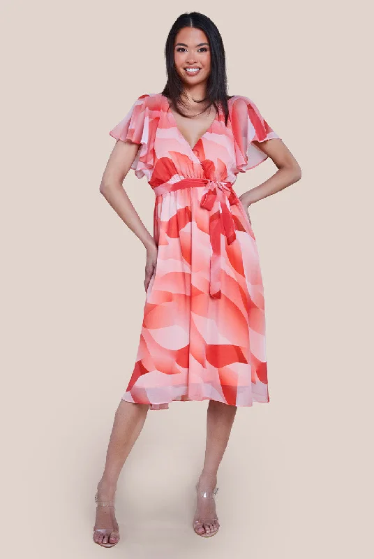 Maxi - inspired midi dresses with flowing fabrics for a beachy vibeGoddiva Printed Flutter Sleeve Chiffon Midi Dress - Coral Maxi - inspired midi dresses with flowing fabrics for a beachy vibeGoddiva Printed Flutter Sleeve Chiffon Midi Dress - Coral