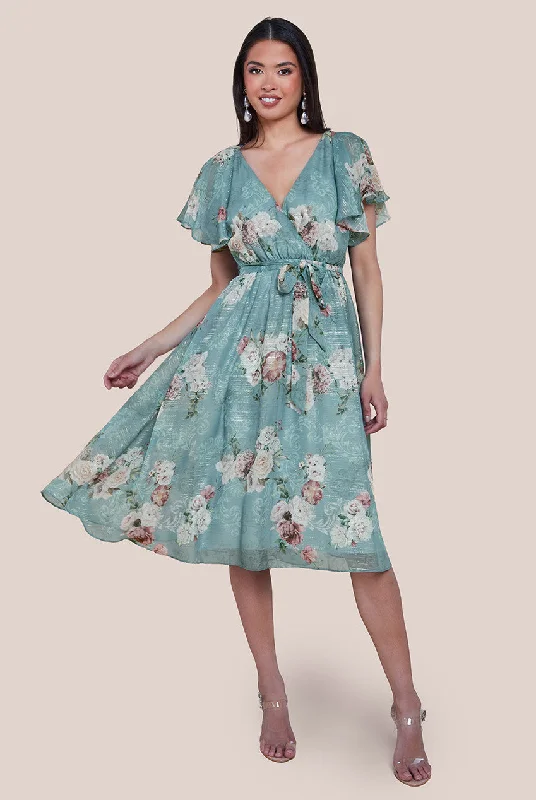 Midi dresses with mesh inserts for a trendy and breathable optionGoddiva Printed Lurex A-Line Flutter Sleeve Midi Dress - Airforce Blue Midi dresses with mesh inserts for a trendy and breathable optionGoddiva Printed Lurex A-Line Flutter Sleeve Midi Dress - Airforce Blue