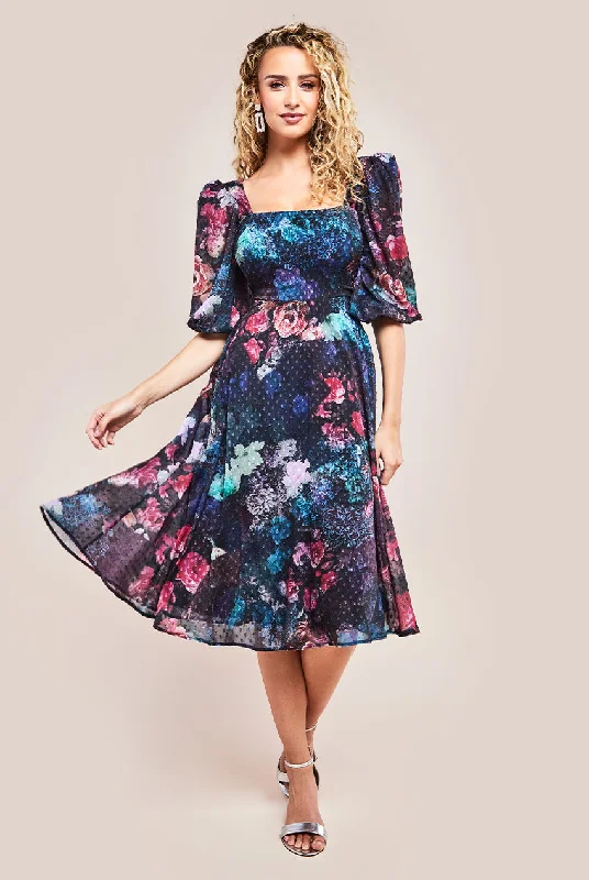 Midi dresses with embroidered accents for a unique and detailed designGoddiva Puff Sleeve Shirred Back Midi Dress - Black Midi dresses with embroidered accents for a unique and detailed designGoddiva Puff Sleeve Shirred Back Midi Dress - Black