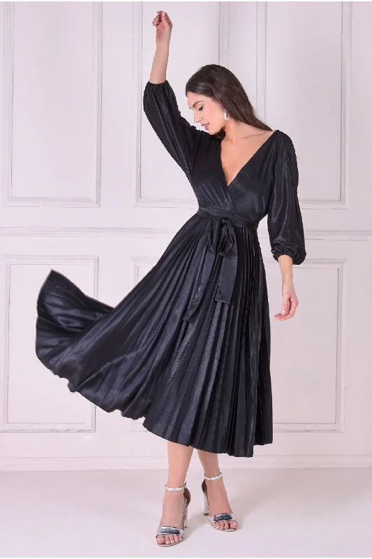 Midi dresses with polka dot prints for a playful summer outfitGoddiva Satin Pleated Skirt Wrap Midi Dress - Black Midi dresses with polka dot prints for a playful summer outfitGoddiva Satin Pleated Skirt Wrap Midi Dress - Black