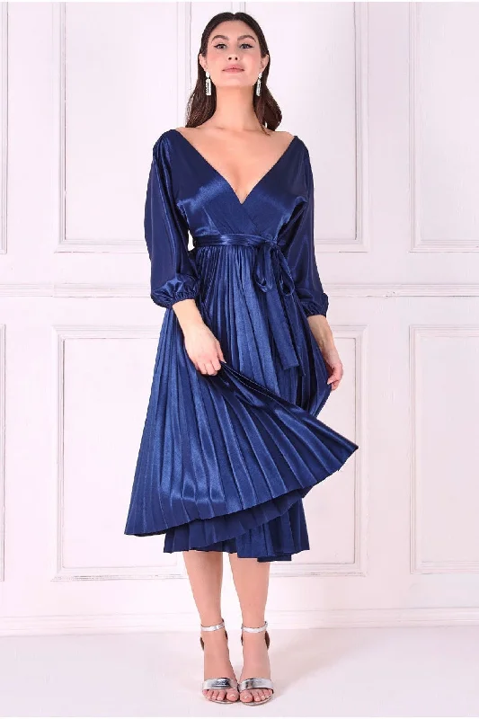 Midi dresses with cotton - blend materials for everyday comfortGoddiva Satin Pleated Skirt Wrap Midi Dress - Navy Midi dresses with cotton - blend materials for everyday comfortGoddiva Satin Pleated Skirt Wrap Midi Dress - Navy