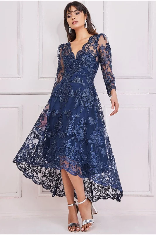 Goddiva Scalloped Lace Dipped Hem Midi Dress - Navy