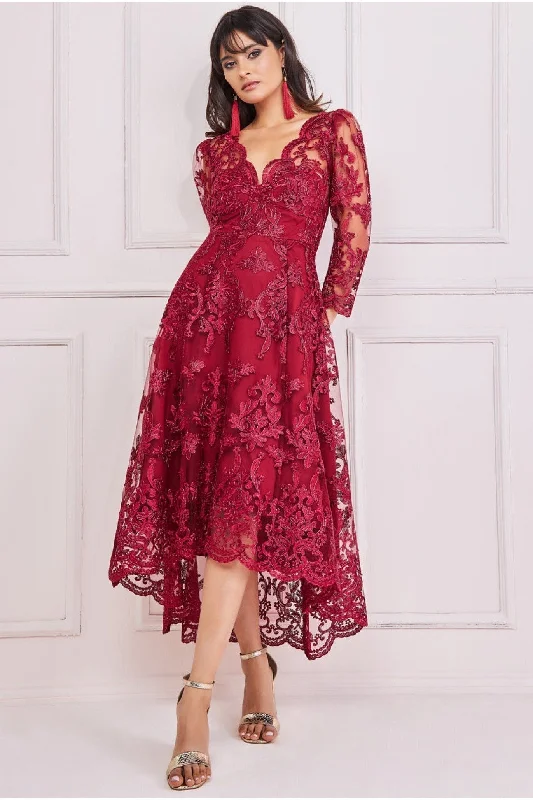 Midi dresses with tassel accents for a bohemian and free - spirited styleGoddiva Scalloped Lace Dipped Hem Midi Dress - Wine Midi dresses with tassel accents for a bohemian and free - spirited styleGoddiva Scalloped Lace Dipped Hem Midi Dress - Wine