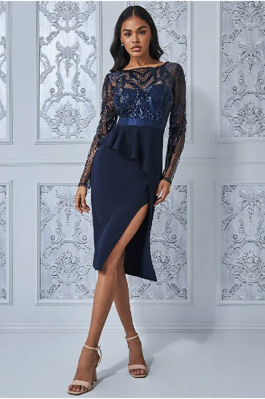 Midi dresses with satin - finish fabrics for a luxurious feelGoddiva Sequin Bodice With Front Frill Midi Dress - Navy Midi dresses with satin - finish fabrics for a luxurious feelGoddiva Sequin Bodice With Front Frill Midi Dress - Navy
