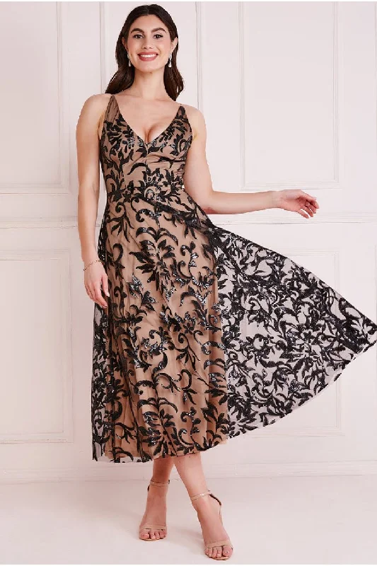 Midi dresses with denim fabric for a casual yet stylish day outGoddiva Sequin Mesh V-Neck Flared Skirt Midi - Black Midi dresses with denim fabric for a casual yet stylish day outGoddiva Sequin Mesh V-Neck Flared Skirt Midi - Black