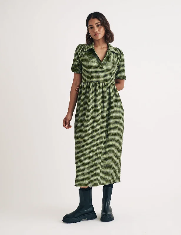 Velvet midi dresses in jewel tones for a glamorous winter eventGreen Check Open Collar Hebe Midi Dress