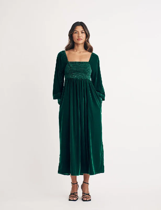 Wrap - style midi dresses in silk for a sophisticated office lookGreen Velvet Shirred Kylie Midi Dress Wrap - style midi dresses in silk for a sophisticated office lookGreen Velvet Shirred Kylie Midi Dress