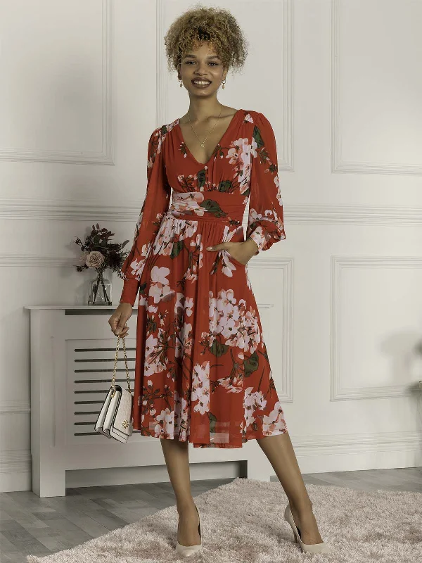 Velvet midi dresses in jewel tones for a glamorous winter eventJolie Moi Gianna Long Sleeve Mesh Midi Dress, Red Floral Velvet midi dresses in jewel tones for a glamorous winter eventJolie Moi Gianna Long Sleeve Mesh Midi Dress, Red Floral