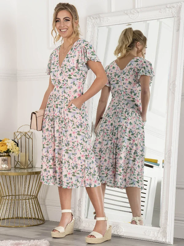 High - low midi dresses with geometric patterns for a modern partyJolie Moi Kaylynn Wrap Mesh Dress, Pink Floral High - low midi dresses with geometric patterns for a modern partyJolie Moi Kaylynn Wrap Mesh Dress, Pink Floral