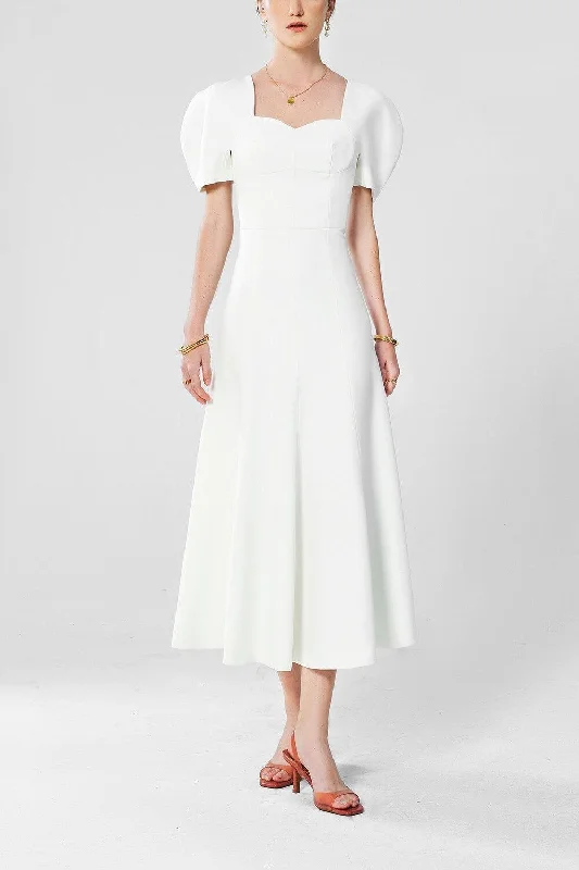 Midi dresses with pom - pom trims for a playful and festive lookJoy A-line Semi-Heart Neck Wool Twill Midi Dress Midi dresses with pom - pom trims for a playful and festive lookJoy A-line Semi-Heart Neck Wool Twill Midi Dress