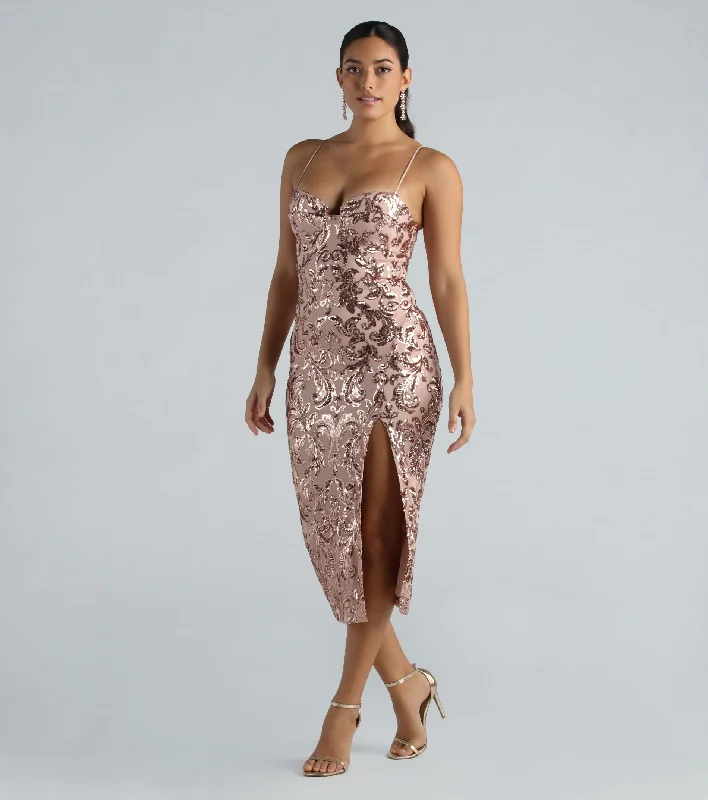 Midi dresses with printed lining for a hidden and stylish detailMeilani Formal Sequin Scroll Slit Midi Dress