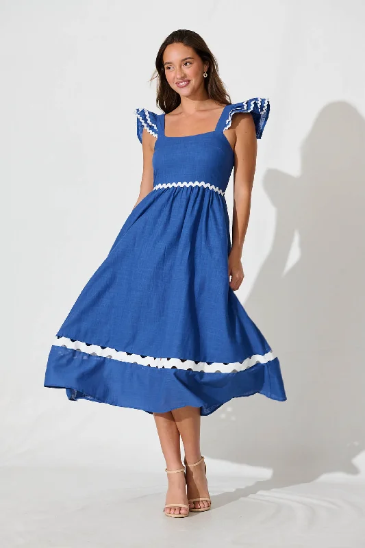 Miami Midi Dress In Blue With White Ric Rac Cotton