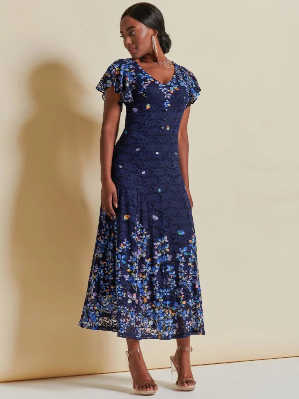Midi dresses with metallic threads for a glamorous evening eventMirrored Print Lace Maxi Dress, Blue Multi Midi dresses with metallic threads for a glamorous evening eventMirrored Print Lace Maxi Dress, Blue Multi