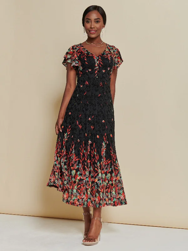 Midi dresses with embroidered accents for a unique and detailed designMirrored Print Lace Maxi Dress, Red Multi Midi dresses with embroidered accents for a unique and detailed designMirrored Print Lace Maxi Dress, Red Multi