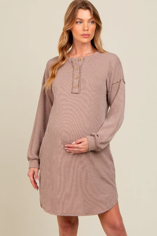 Mocha Ribbed Button Accent Maternity Dress