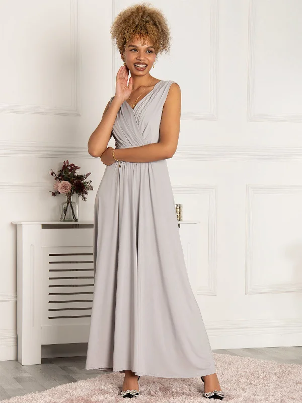 Plunge V Neck Draped Maxi Dress, Silver Grey