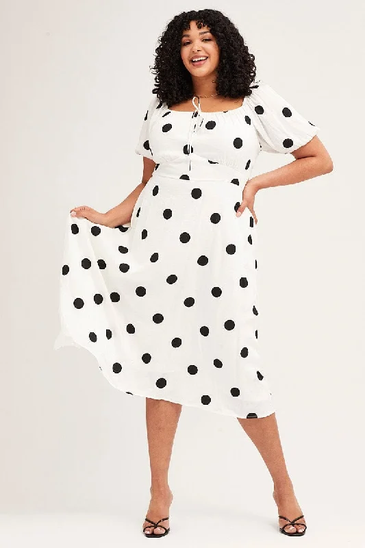 Polka Dot Midi Dress Square Neck Short Sleeve