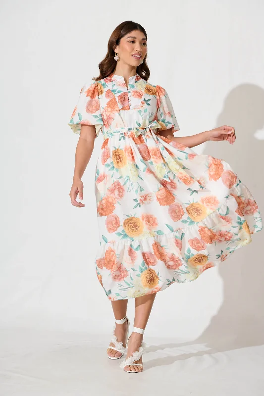 Midi dresses with mesh inserts for a trendy and breathable optionPortofino Midi Dress In White With Rust Floral Cotton Blend Midi dresses with mesh inserts for a trendy and breathable optionPortofino Midi Dress In White With Rust Floral Cotton Blend