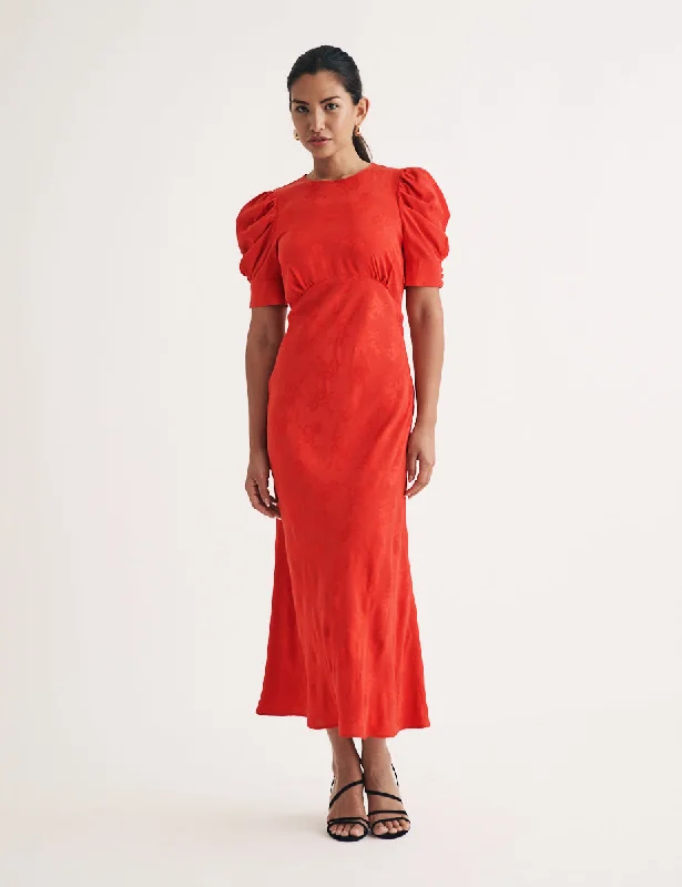 Midi dresses with wrap - around skirts for a customizable fitRed Floral Jacquard Ruched Sleeve Moira Midi Dress Midi dresses with wrap - around skirts for a customizable fitRed Floral Jacquard Ruched Sleeve Moira Midi Dress