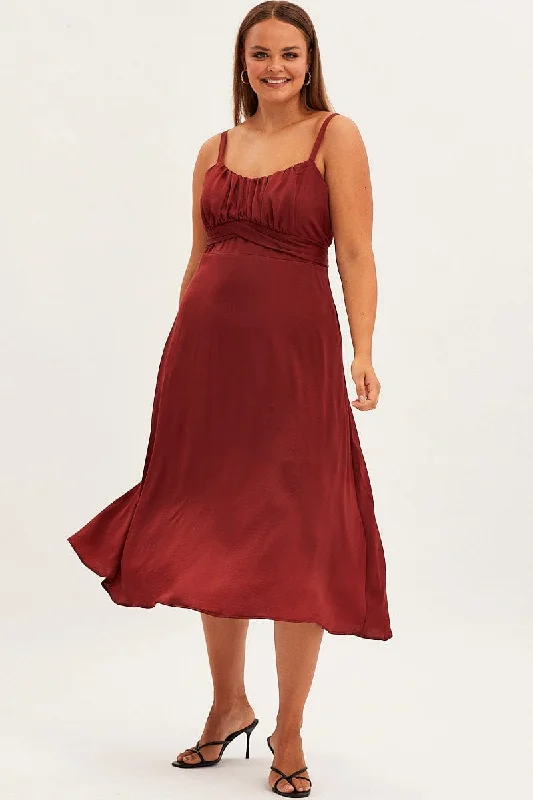 Red Midi Dress Shoestring Strap Tie Back Satin