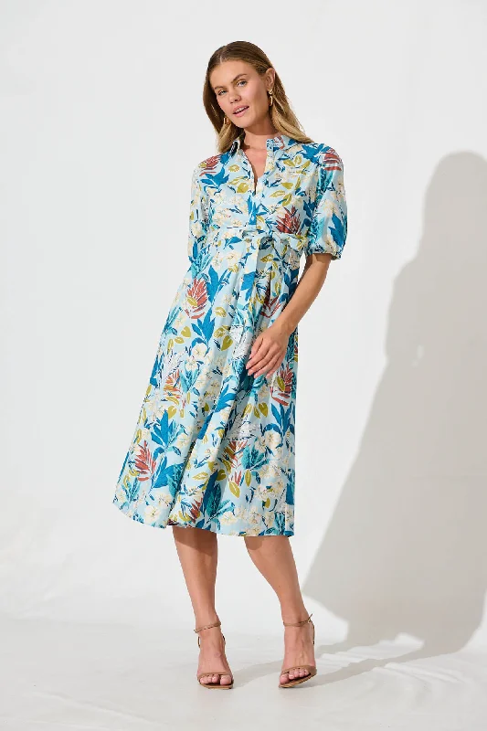 Midi dresses with ruffled bodices for a more pronounced feminine lookTanya Midi Shirt Dress In Blue With White Floral Midi dresses with ruffled bodices for a more pronounced feminine lookTanya Midi Shirt Dress In Blue With White Floral
