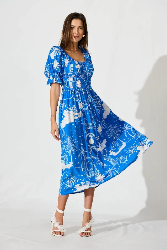 Midi dresses with ruffled bodices for a more pronounced feminine lookTruly Midi Dress In Blue With White Print Midi dresses with ruffled bodices for a more pronounced feminine lookTruly Midi Dress In Blue With White Print