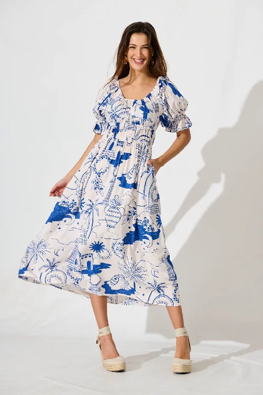 Midi dresses with cotton - blend materials for everyday comfortTruly Midi Dress In White With Blue Print Midi dresses with cotton - blend materials for everyday comfortTruly Midi Dress In White With Blue Print