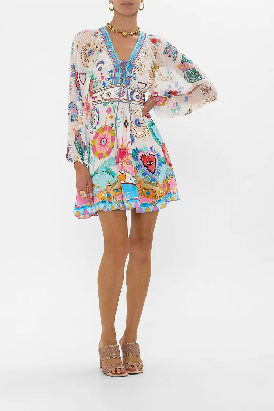Mini dresses with pom - pom trims for a playful feelLACE UP FRONT SHORT DRESS LIVING IN COLOUR
