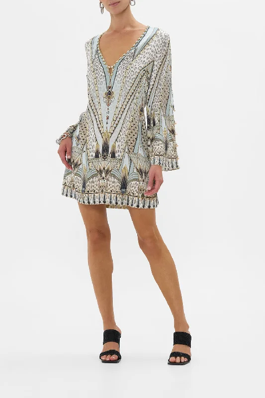 Polyester mini dresses for easy careLONG SLEEVE DEEP V SHORT DRESS SAHARA STARLET