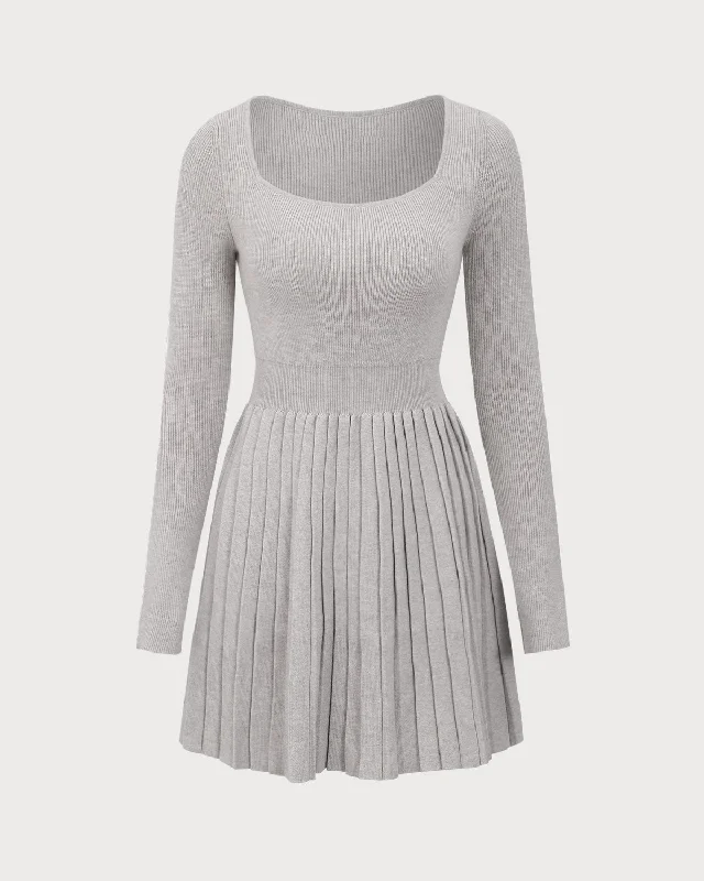Sheer mini dresses with lace insertsApricot Square Neck Pleated Sweater Dress