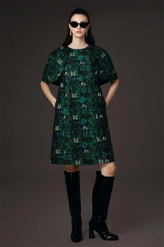 Denim mini dresses with distressed detailsBruce Cape Jewel Neck Brocade Mini Dress