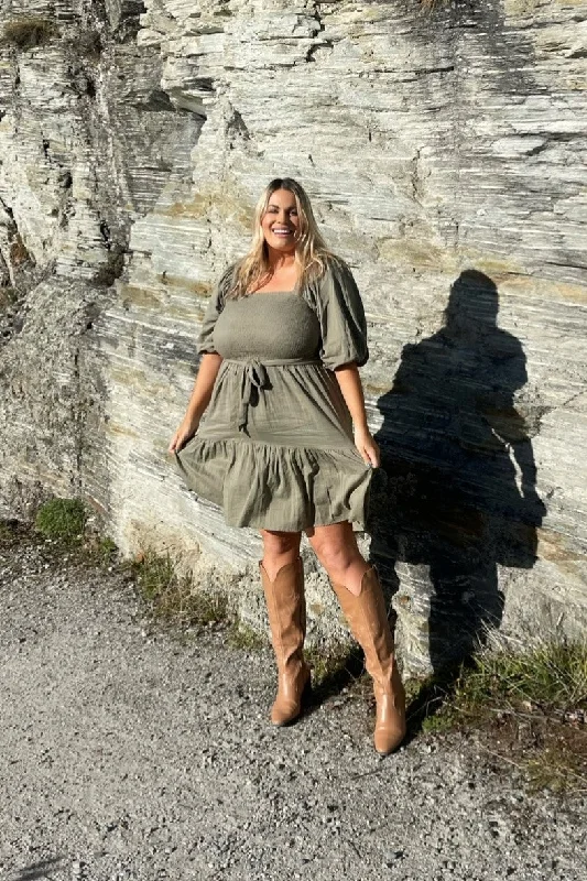 Sheer mini dresses with lace insertsElliot Puff Sleeve Dress Khaki