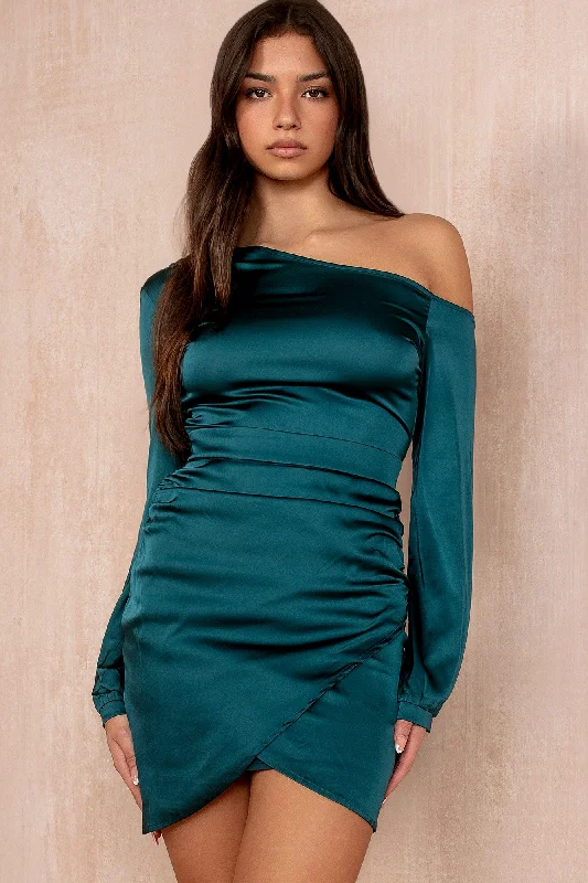 Mini dresses with tassel accents for a fun touchRosie Teal Satin One Shoulder Dress