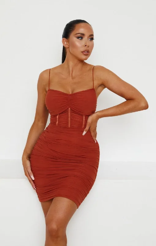 Rust Mesh Ruched Sheer Panel Strappy Bodycon Mini Dress - Hester