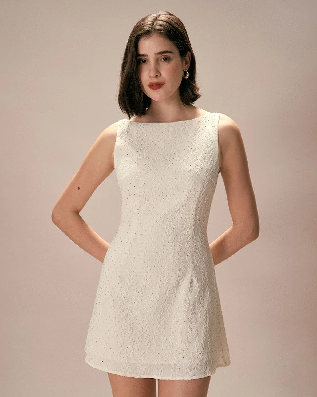 Satin mini dresses for a luxurious feelThe Beige Boat Neck Textured Mini Dress