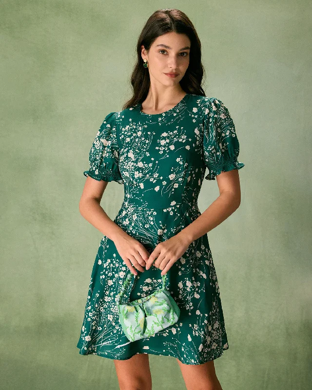Floral print mini dresses for summer partiesThe Green Round Neck Floral Mini Dress