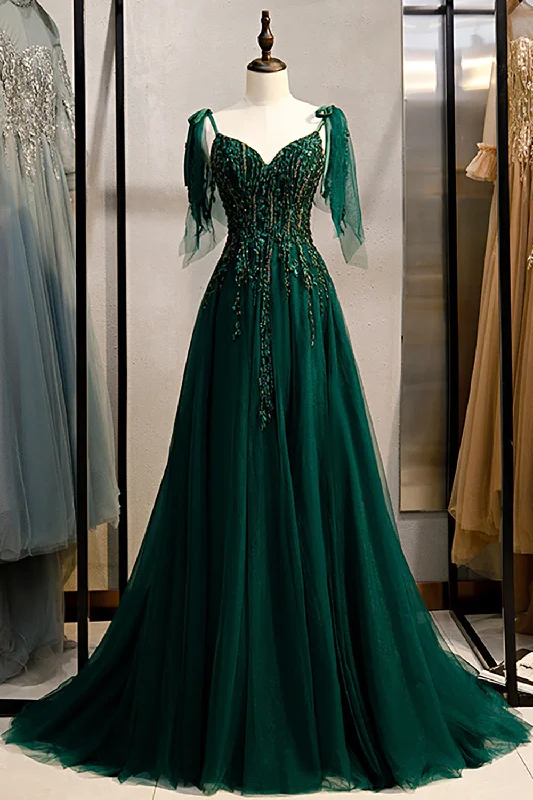 Cocktail dresses with a gathered skirt and a button - down frontA-Line Spaghetti Straps Dark Green Prom Dress with Beading