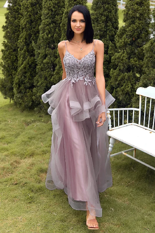 Lace - trimmed cocktail dresses in a pastel color for a soft appearanceA Line Spaghetti Straps Purple Grey Long Prom Dress with Appliques