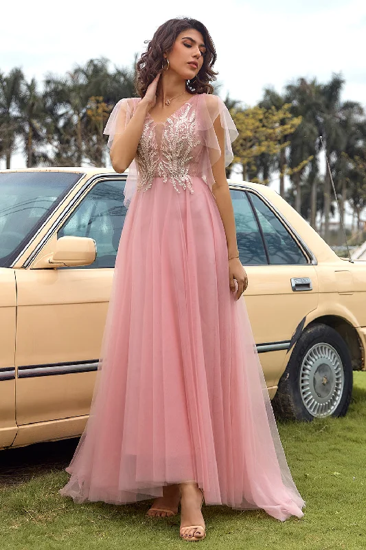 Satin cocktail dresses with a high - low hem for a modern touchA Line V Neck Blush Long Prom Dress with Appliques
