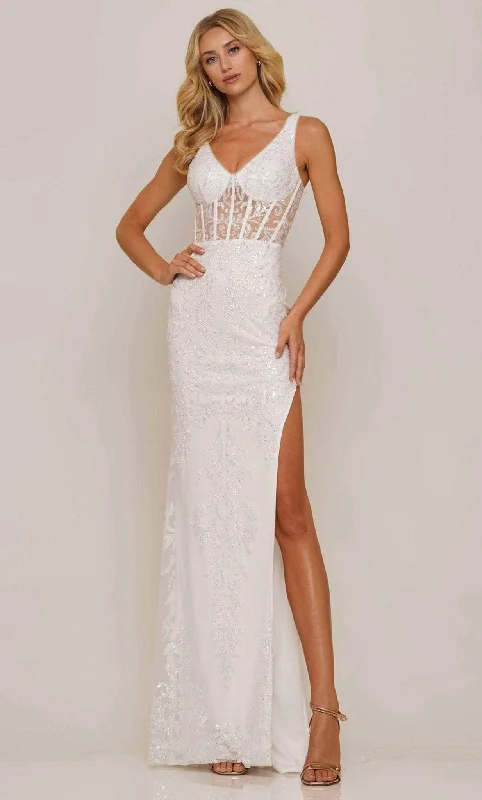 Wedding guest dresses with high - low hems and floral appliquesColors Dress 2990 - V-neck Corset Bodice Prom Dress