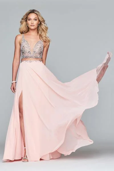Wedding guest dresses with cut - out details and midi lengthsFaviana - S10244 Two-Piece Crystal-Crusted Chiffon Gown