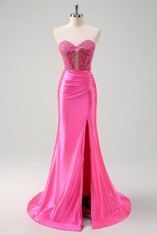 Ruffled cocktail dresses with a knee - length hem for a feminine appealFuchsia Sweetheart Mermaid Satin Long Corset Prom Dress with Appliques Ruffled cocktail dresses with a knee - length hem for a feminine appealFuchsia Sweetheart Mermaid Satin Long Corset Prom Dress with Appliques