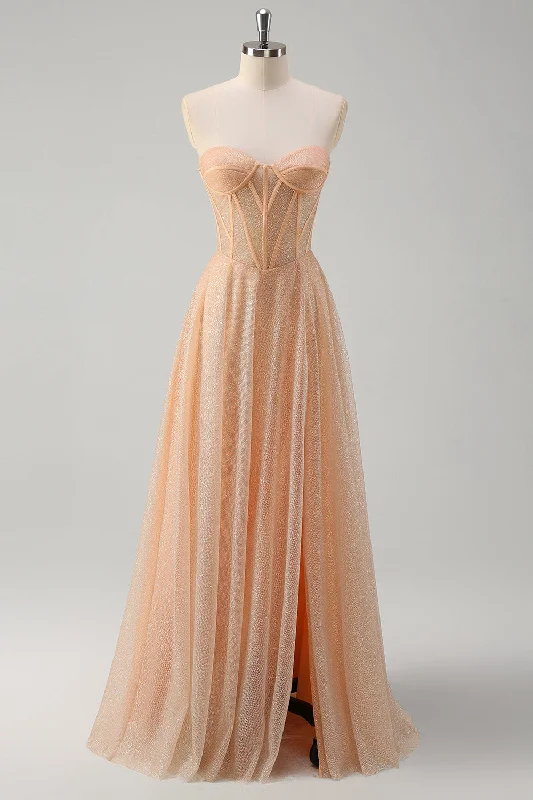 Mini cocktail dresses with a beaded bodice and a flirty A - line skirtGlitter Champagne A Line Corset Strapless Prom Dress with Slit Mini cocktail dresses with a beaded bodice and a flirty A - line skirtGlitter Champagne A Line Corset Strapless Prom Dress with Slit
