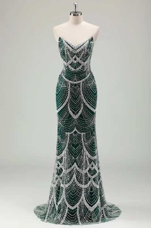 Cocktail dresses with a keyhole back and a midi - lengthGlitter Dark Green Mermaid Strapless Sequins Long Corset Prom Dress with Beading Cocktail dresses with a keyhole back and a midi - lengthGlitter Dark Green Mermaid Strapless Sequins Long Corset Prom Dress with Beading