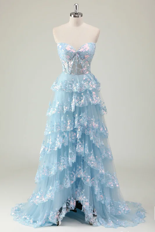 Cocktail dresses with a wrap - front style and a long - length optionGlitter Blue A Line Strapless Sequin Corset Tiered Long Prom Dress