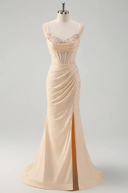 Cocktail dresses with a tassel - adorned belt and a sheath styleGlitter Yellow Mermaid Spaghetti Straps Beaded Long Corset Prom Dress with Slit Cocktail dresses with a tassel - adorned belt and a sheath styleGlitter Yellow Mermaid Spaghetti Straps Beaded Long Corset Prom Dress with Slit
