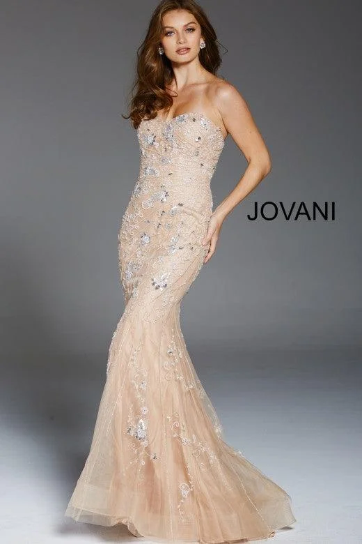 Bodycon dress in a pastel color palette​Jovani 56064 Prom Long Strapless Beaded Evening Gown