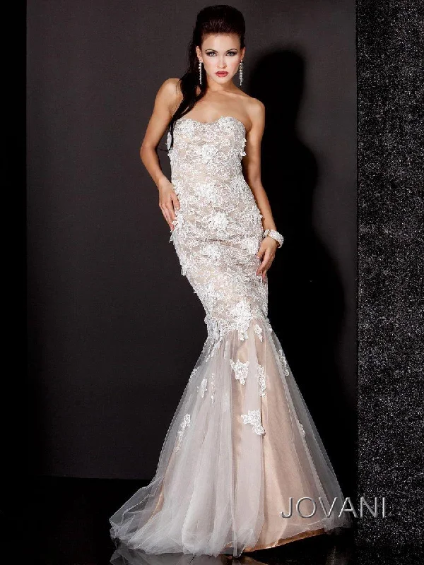 Bodycon dress with a ruched design for added texture​Jovani 3837 Strapless Long Mermaid Prom Dress